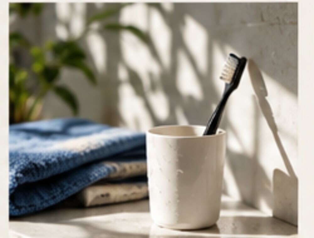 Simple bathroom routine with towel, cup and toothbrush in natural light
