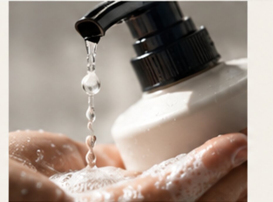 Hands being washed under a simple pump dispenser
